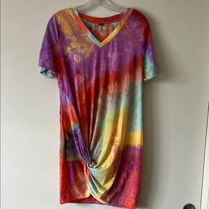Tie Dye Purple Red Mini V-Neck Dress Casual Short Sleeve